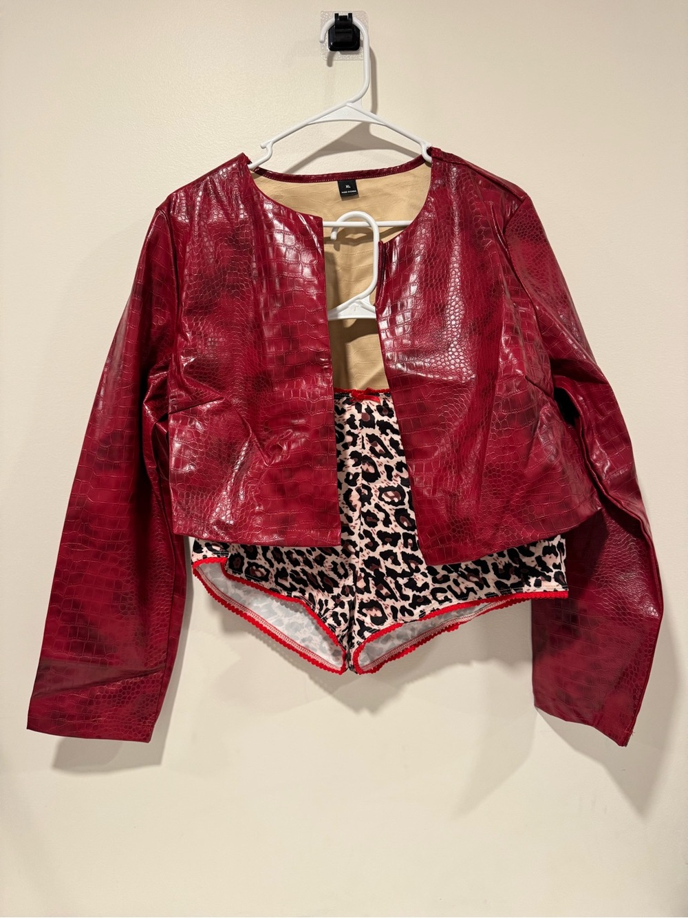 SHEIN Red Croc-Embossed Faux Leather Jacket and Shorts Set - Women XL
